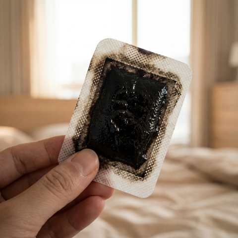 Zdjęty rano plaster, widocznie ciemniejszy po nocnym użyciu