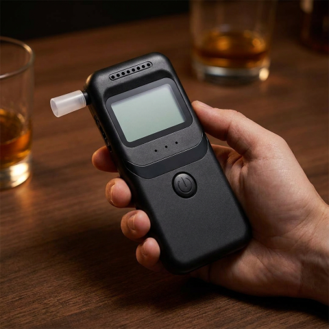 Alkotester w dłoni z widocznym wynikiem na wyświetlaczu