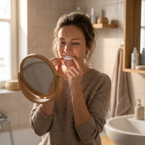 Kobieta z szerokim, pewnym siebie uśmiechem w naturalnym otoczeniu