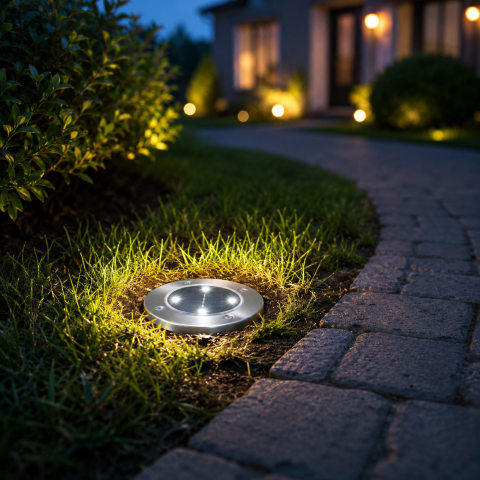 Oświetlone solarne lampy Disk Lights wzdłuż ścieżki ogrodowej o zmierzchu