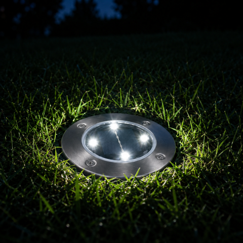 Solarna lampa gruntowa świecąca w trawniku po zmroku