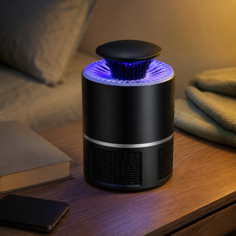 Lampa UV owadobójcza na nocnym stoliku w sypialni wieczorem